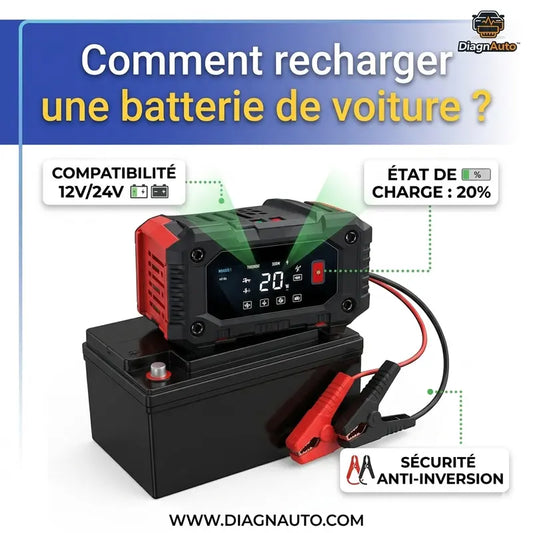 Comment recharger une batterie de voiture avec chargeur 12V – chargeur batterie auto avec écran digital et pinces de démarrage