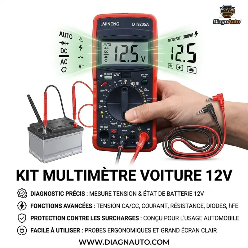multimètre voiture utilisé pour tester une batterie auto avec affichage tension 12V