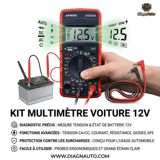 multimètre voiture utilisé pour tester une batterie auto avec affichage tension 12V