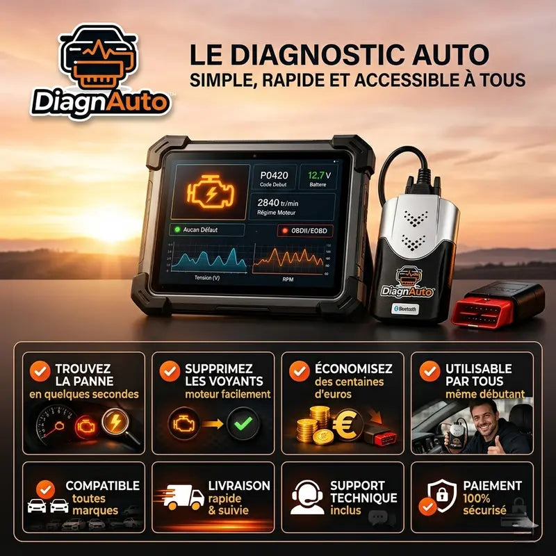 Valise diagnostic auto OBD2 Diagnauto avec écran de diagnostic moteur et outil scanner compatible multi-marques pour détecter et effacer les codes défaut voiture.
