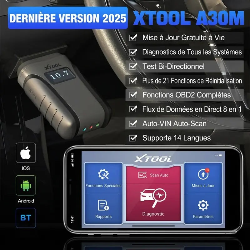 Scanner OBD2 A30D Diagnostic Auto Bluetooth Multi-Systèmes